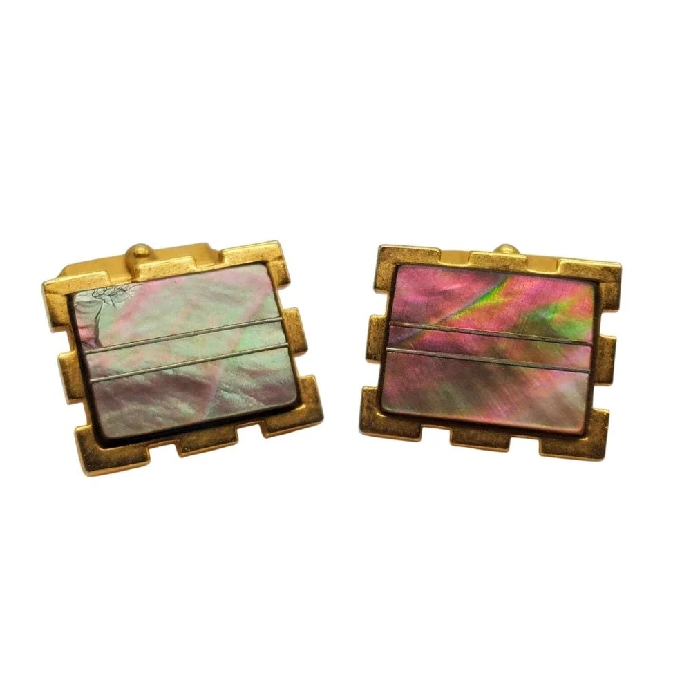 Cufflinks Abalone Shell Gold Tone Rectangle Inlay Iridescent 1960s Mid Century